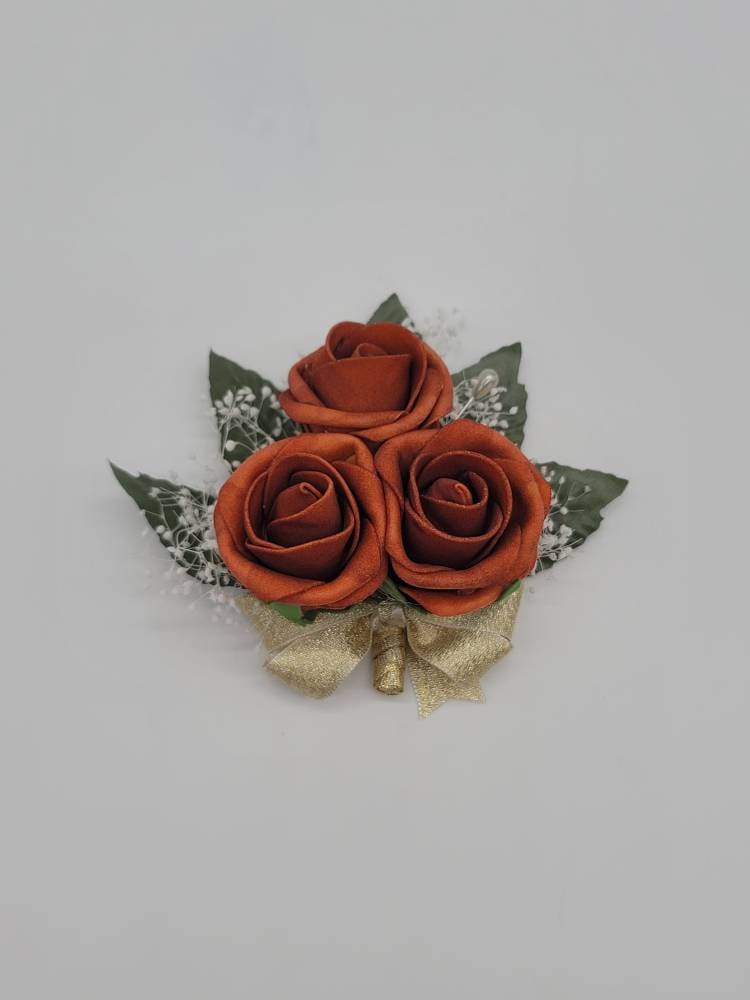 Burnt Orange And Gold Boutonnieres And Corsages, Available In 27 Colors, Corsages Available In Pin On And Wrist,Matching Bouquets Available