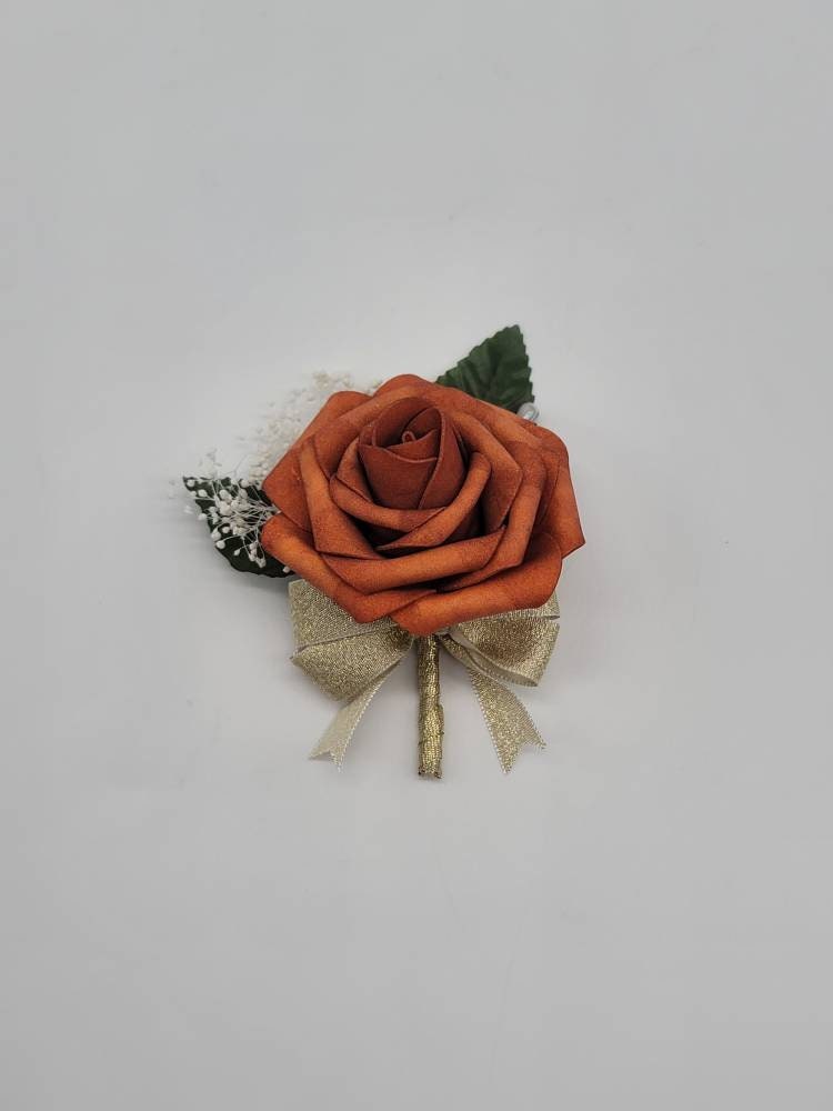 Burnt Orange And Gold Boutonnieres And Corsages, Available In 27 Colors, Corsages Available In Pin On And Wrist,Matching Bouquets Available