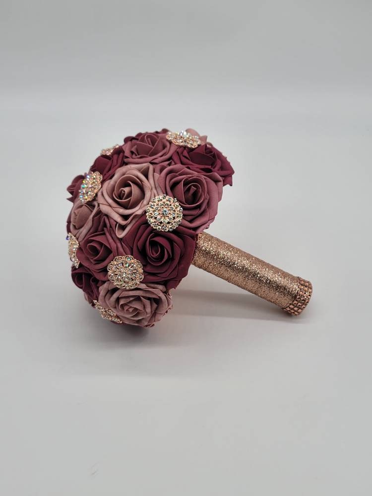 Burgundy,Mauve,and Dusty Rose Brooch Bridal Bouquet, Bridesmaid Bouquet,or Toss Available in 27 colors, Boutonnieres and Corsages Available