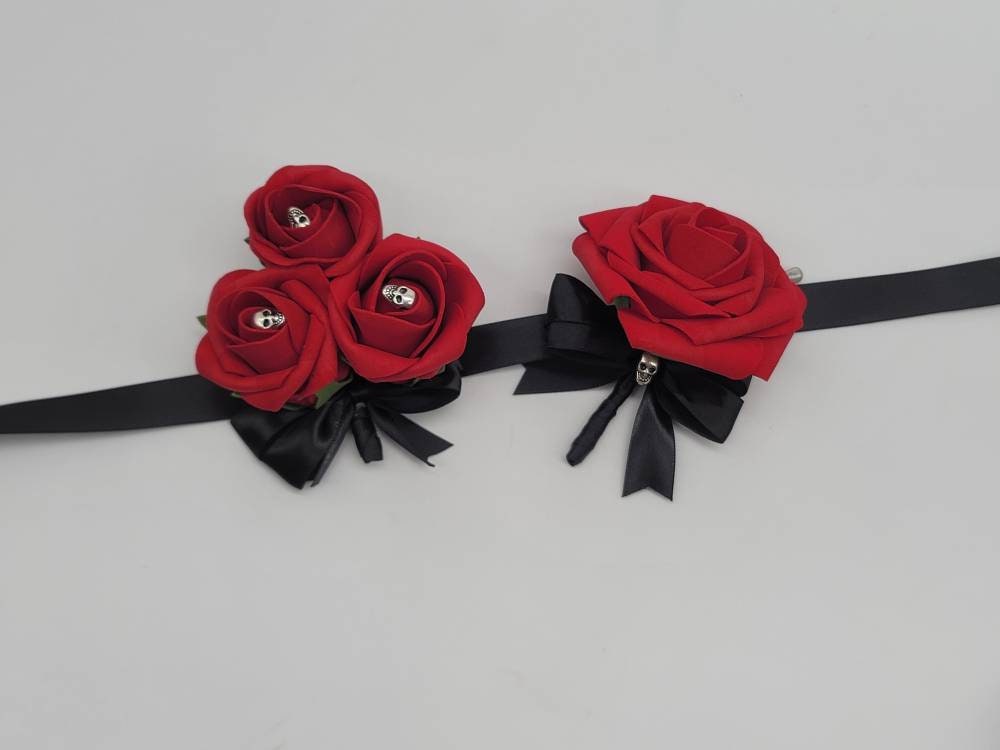 Gothic Skull Black And Red Boutonniere and Corsages, Corsages Available In Pin On And Wrist, Matching Bouquets Available