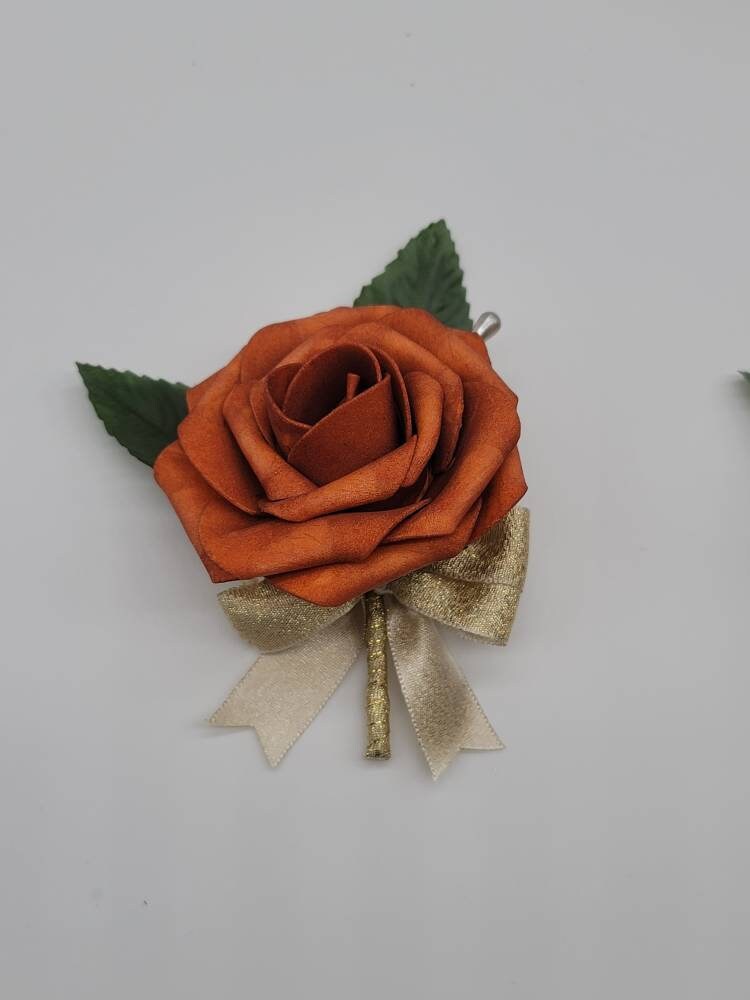 Burnt Orange And Gold Boutonnieres And Corsages, Available In 27 Colors, Corsages Available In Pin On And Wrist,Matching Bouquets Available