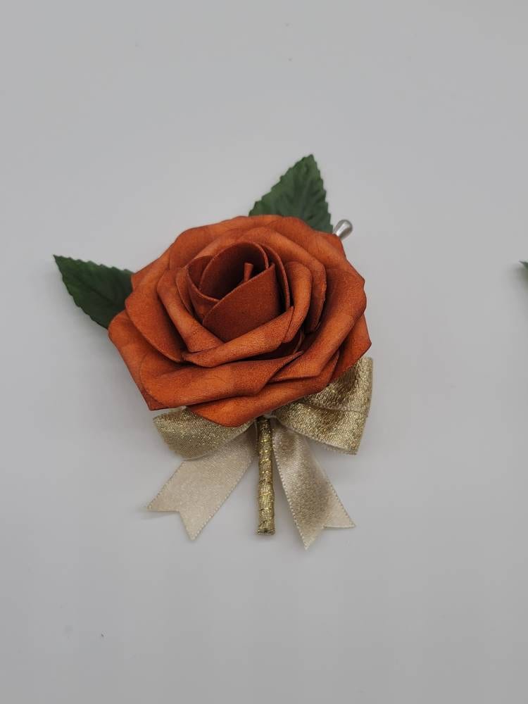 Burnt Orange And Gold Boutonnieres And Corsages, Available In 26 Colors, Corsages Available In Pin On And Wrist,Matching Bouquets Available