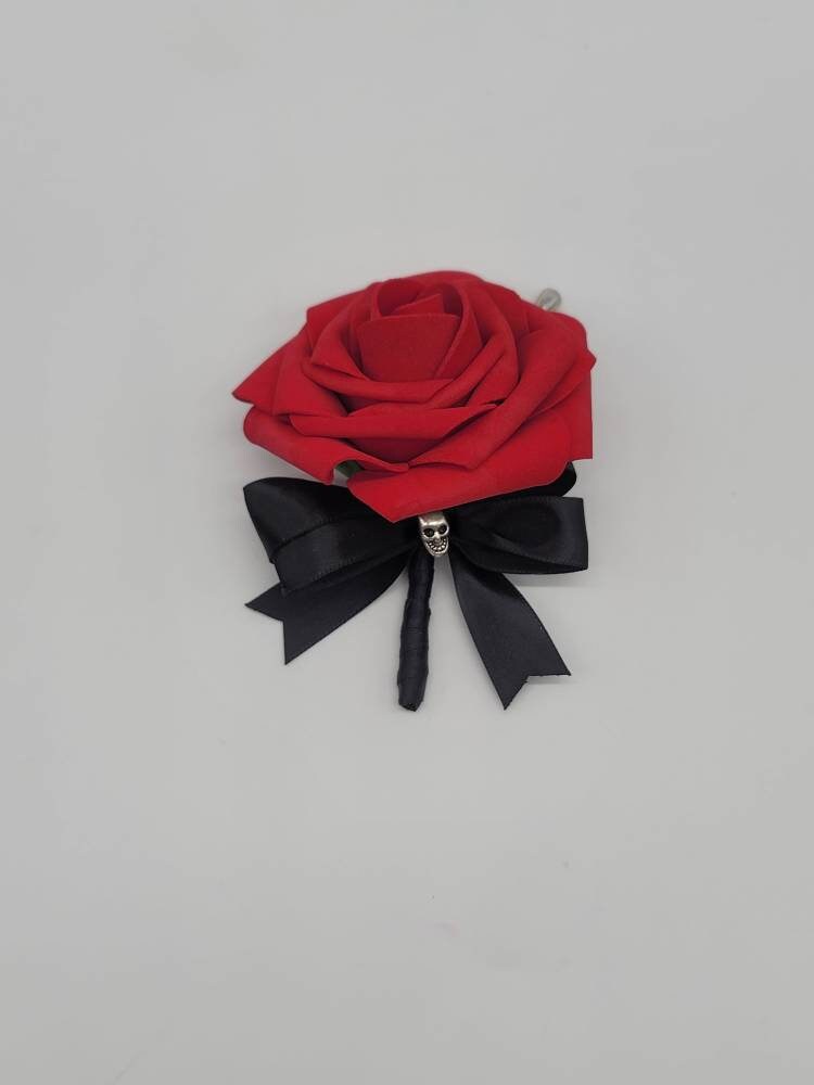 Gothic Skull Black And Red Boutonniere and Corsages, Corsages Available In Pin On And Wrist, Matching Bouquets Available
