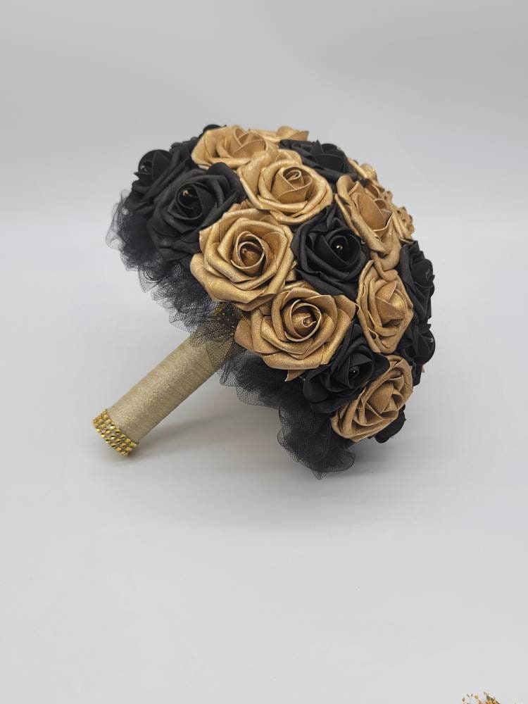 Gold And Black Boutonnieres And Corsages, Available In 27 Colors, Corsages Available In Pin On And Wrist, Matching Bouquets Available