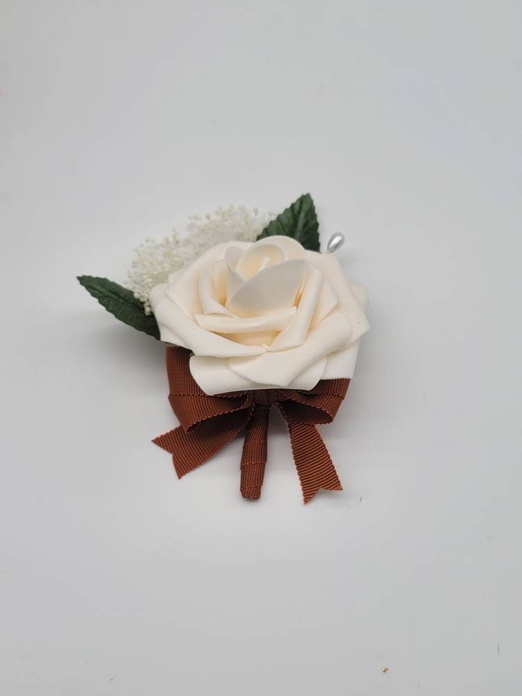 Cream And burnt orange Boutonnieres And Corsages,Available In 27 Colors, Corsages Available In Pin On And Wrist, Matching Bouquets Available