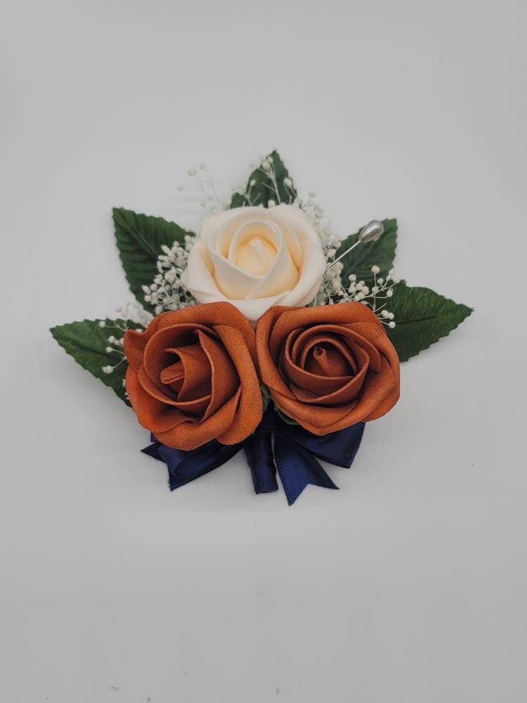 Burnt orange and Navy Wedding Bouquet Made With Real Touch Roses, Bridal Bouquet, Bridesmaid Bouquet and Matching Boutonnieres and Corsages