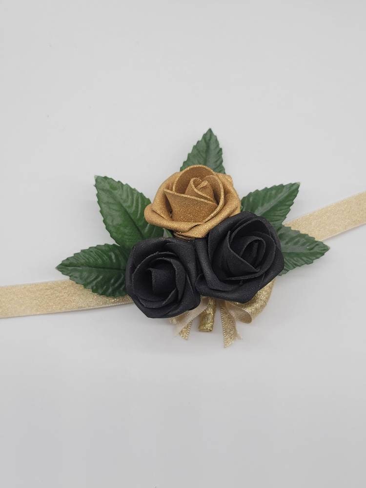 Gold And Black Corsages And Boutonnieres, Available In 27 Colors, Corsages Available In Pin On And Wrist, Matching Bouquets Available