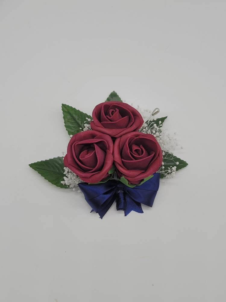 Burgundy And Navy Corsages and Boutonnieres,Available In 27 Colors, Corsages Available In Pin On And Wrist, Matching Bouquets Available