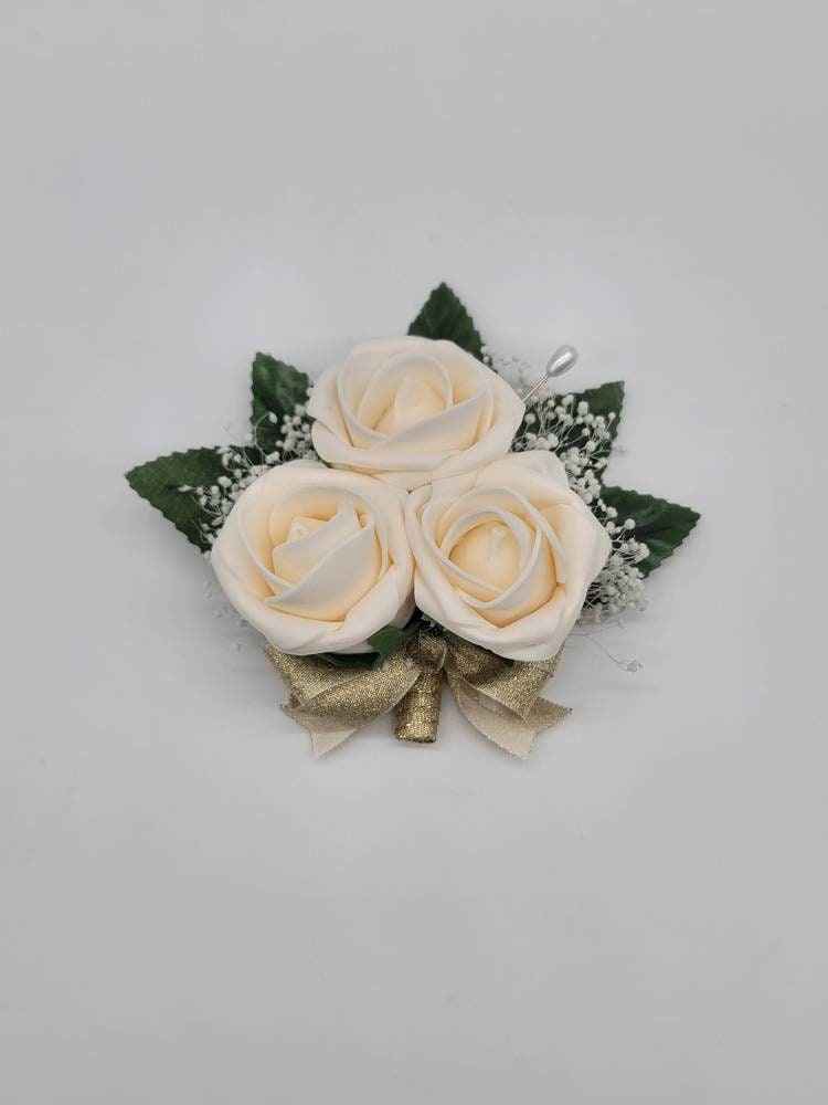 Cream And Gold Boutonnieres And Corsages, Available In 27 Colors, Corsages Available In Pin On And Wrist, Matching Bouquets Available