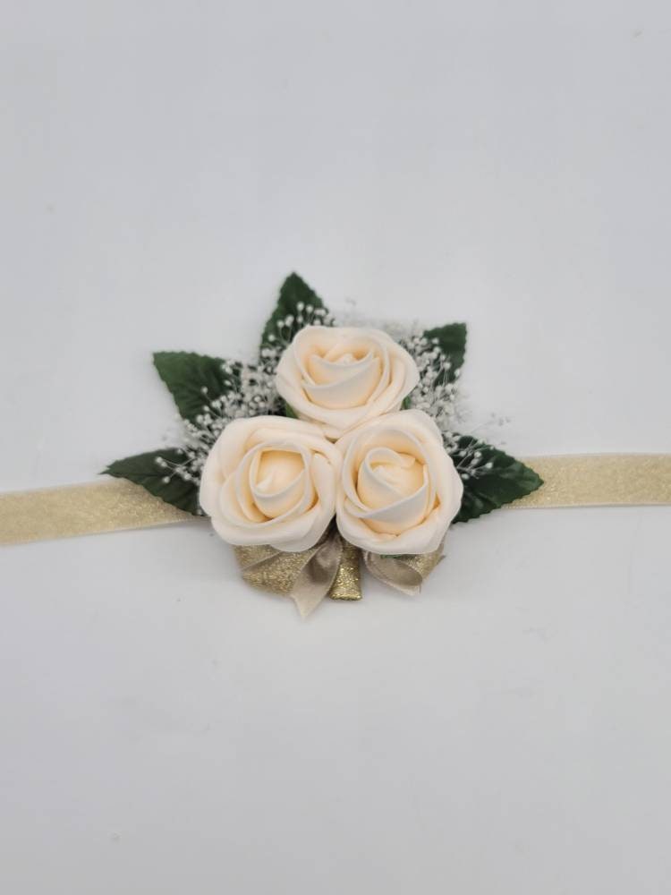 Cream And Gold Boutonnieres And Corsages, Available In 27 Colors, Corsages Available In Pin On And Wrist, Matching Bouquets Available