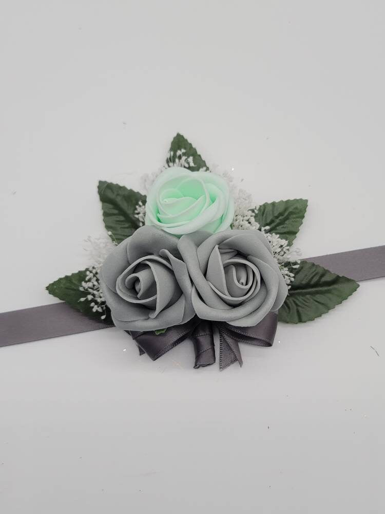 Mint and gray Boutonnieres And Corsages,Available In 26 Colors, Corsages Are Available In Pin On And Wrist, Matching Bouquets Available