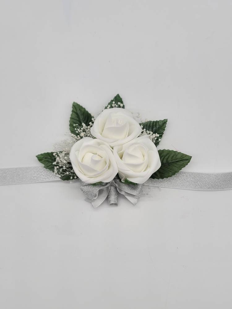 White And silver Boutonnieres And Corsages, Available In 27 Colors, Corsages Available In Pin On And Wrist, Matching Bouquets Available