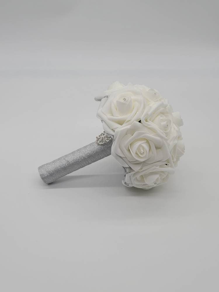 White And silver Boutonnieres And Corsages, Available In 27 Colors, Corsages Available In Pin On And Wrist, Matching Bouquets Available