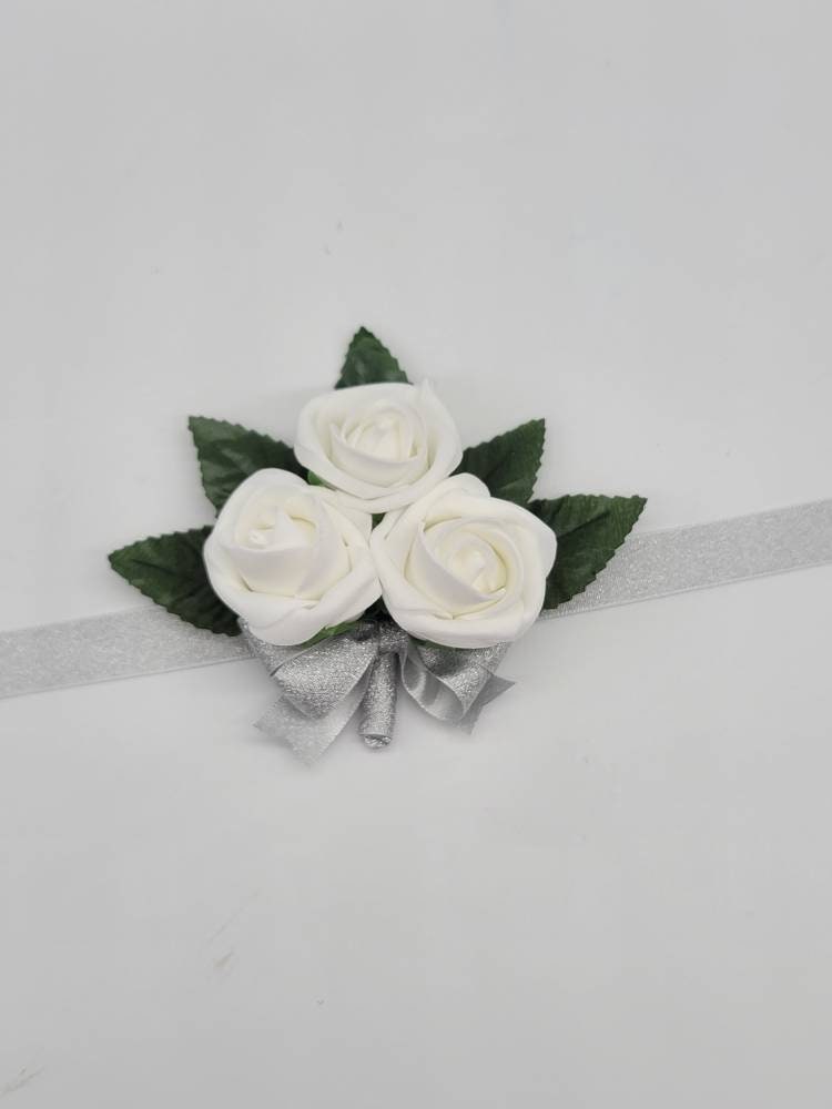White and Silver Wedding Bouquet Made With Real Touch Roses, Bridal Bouquet, Bridesmaid Bouquet and Matching Boutonnieres and Corsages