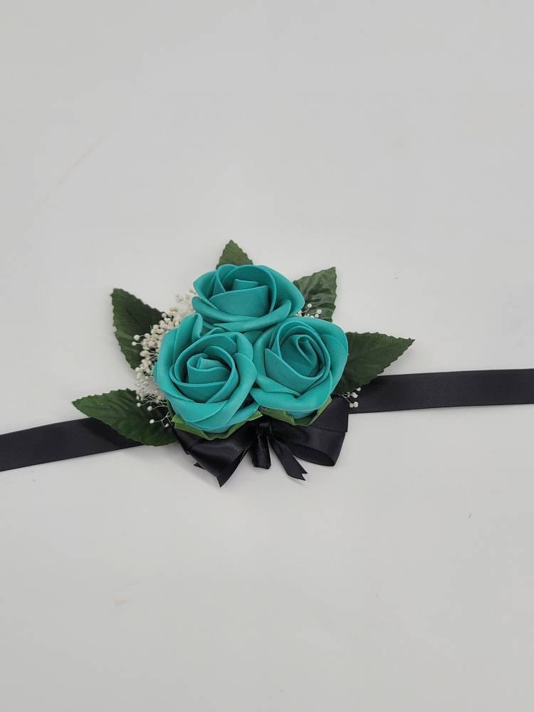 Teal And black Boutonnieres And Corsages, Available In 27 Colors, Corsages Available In Pin On And Wrist, Matching Bouquets Available