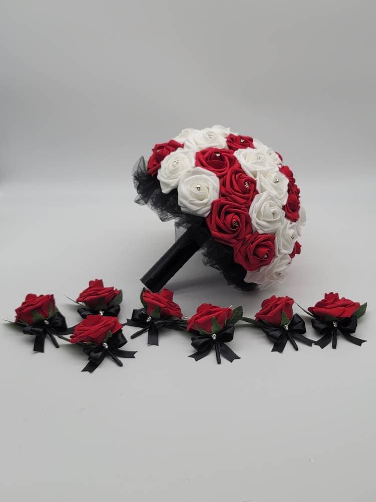 Gothic Skull Red And white Wedding Bouquet, Bridal Bouquet, Bridesmaid Bouquet, Matching Corsages and Boutonnieres, Halloween Wedding
