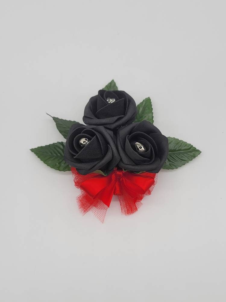 Gothic Black And Red Skull Corsages and Boutonnieres, Corsages Available In Pin On And Wrist, Matching Bouquets Available