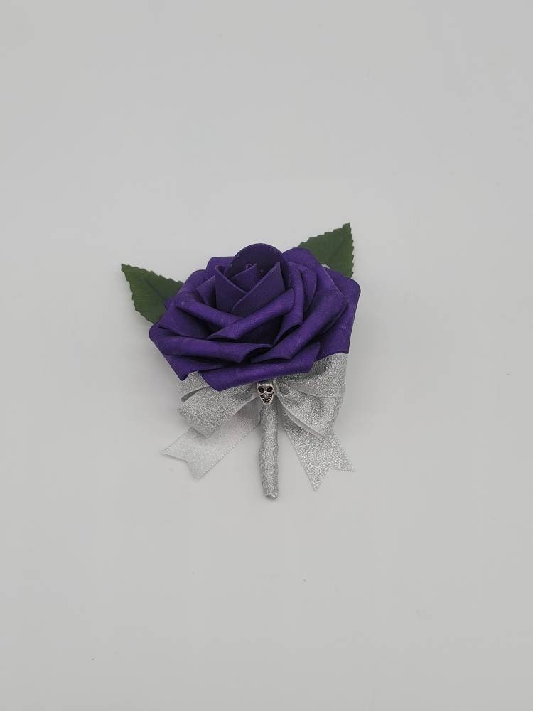 Gothic Skull Dark Purple And Silver Boutonnieres and Corsages, Corsages Available In Pin On And Wrist, Matching Bouquets Available