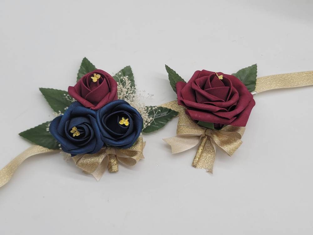 Burgundy And Gold butterfly Boutonnieres And Corsages, Corsages Available In Pin On And Wrist,Matching Bouquets Available