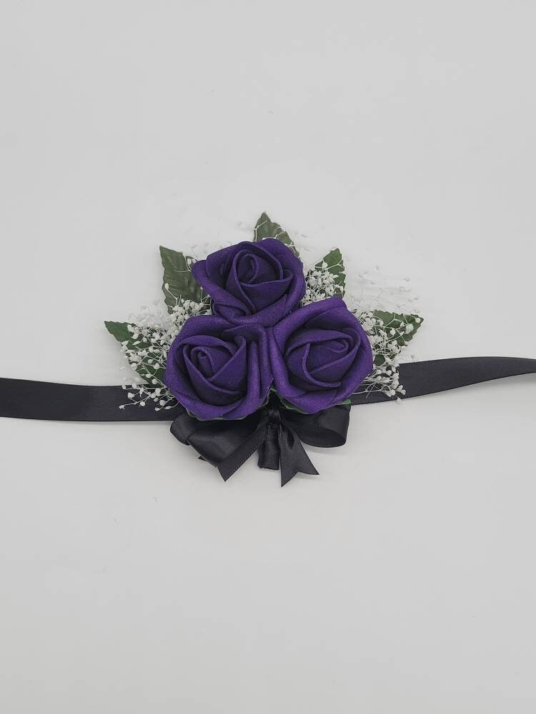 Dark Purple And black Boutonnieres And Corsages, 27 Colors Available, Corsages Available In Pin On And Wrist,Matching Bouquets Available
