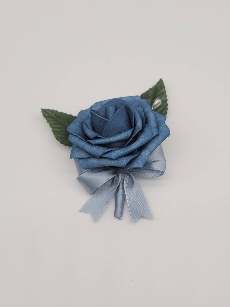 Dark Dusty Blue Boutonnieres And Corsages, Available In 27 Colors, Corsages Available In Pin On And Wrist, Matching Bouquets Available