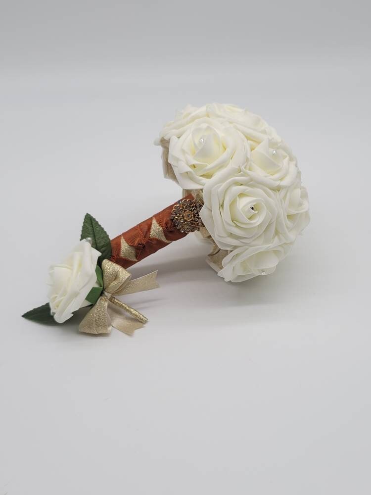 Ivory And Gold Corsages and Boutonnieres, 27 Colors Available, Corsages Available In Pin On And Wrist, Matching Bouquets Available