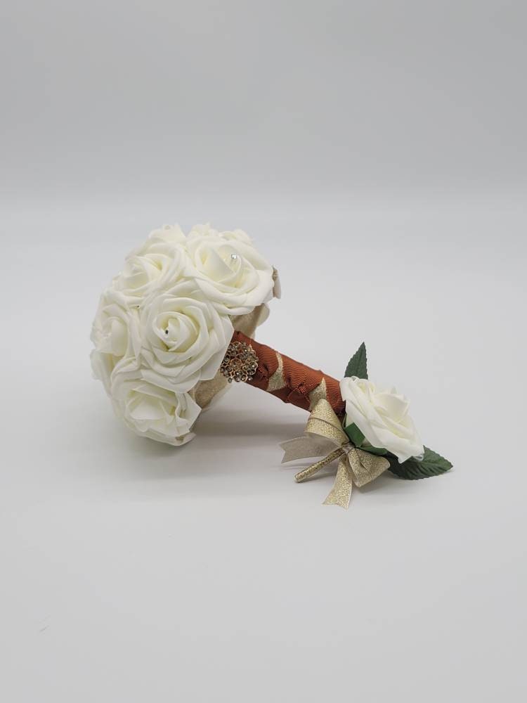 Ivory and Gold Boutonnieres and Corsages, 27 Colors Available, Corsages Available in Pin on and Wrist, Matching Bouquets Available