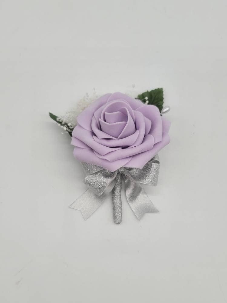 lilac and silver corsages and Boutonnieres,Available In 27 Colors, Corsages Are Available In Pin On And Wrist, Matching Bouquets Available