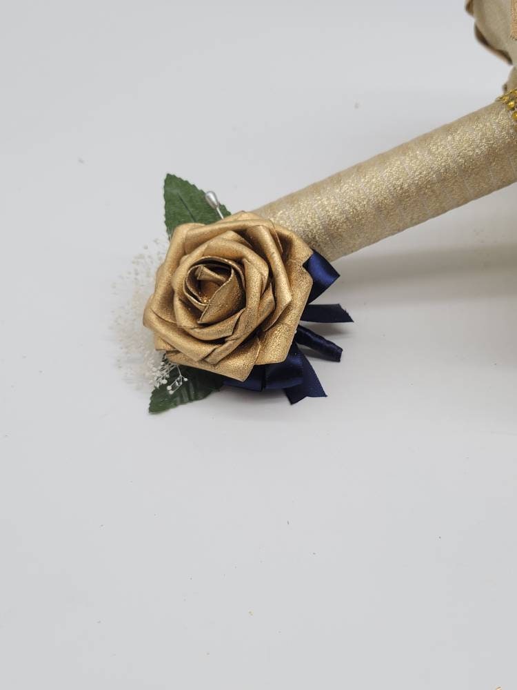Gold and Navy Wedding Bouquet Made With Real Touch Roses, Bridal Bouquet, Bridesmaid Bouquet and Matching Boutonniere and Corsages Available
