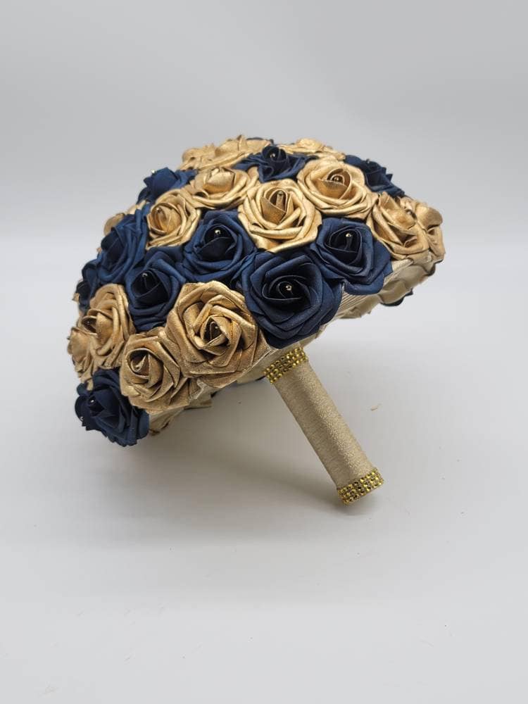 Gold And Navy Boutonnieres And Corsages, Available In 27 Colors, Corsages Available In Pin On And Wrist, Matching Bouquets Available