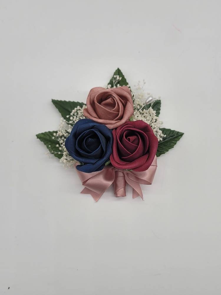Navy and mauve Boutonnieres And Corsages, Available In 27 Colors, Corsages Available In Pin On And Wrist, Matching Bouquets Available