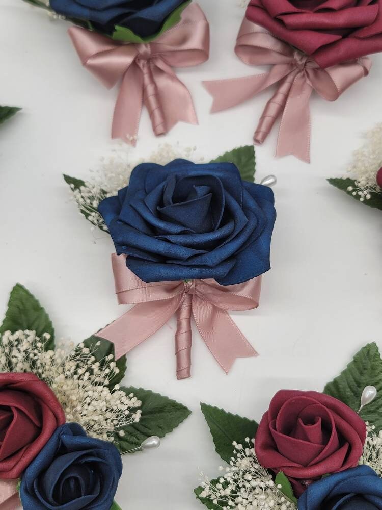Navy and mauve Boutonnieres And Corsages, Available In 27 Colors, Corsages Available In Pin On And Wrist, Matching Bouquets Available