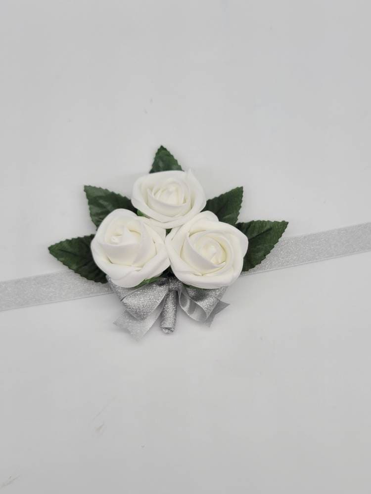 White And silver Boutonnieres And Corsages, Available In 27 Colors, Corsages Available In Pin On And Wrist, Matching Bouquets Available