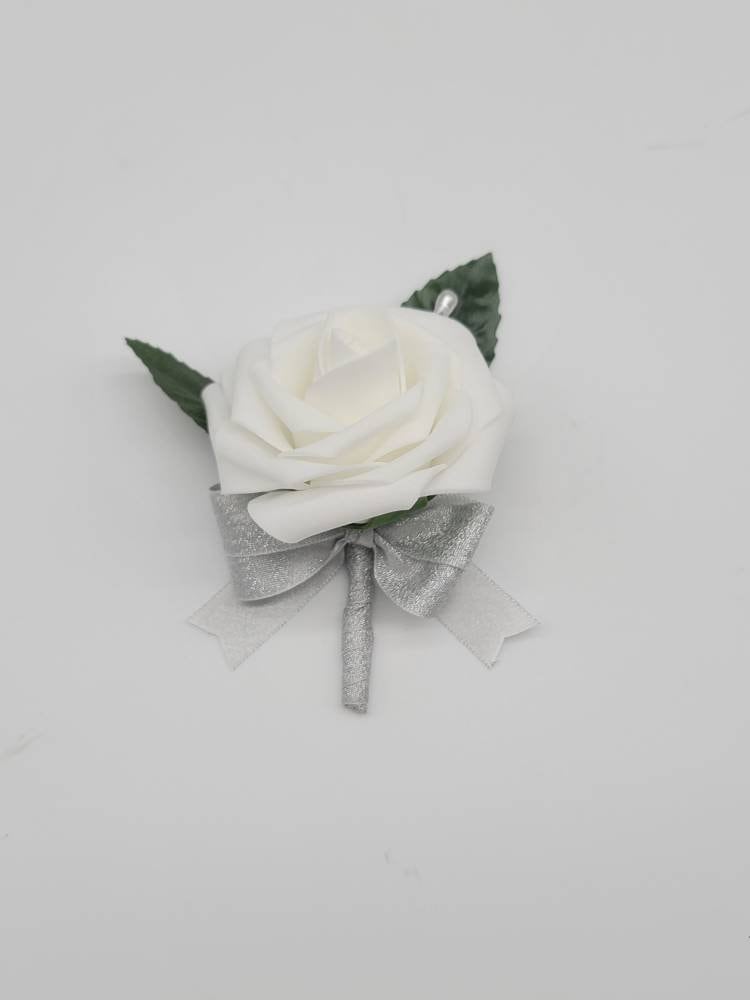 White And silver Boutonnieres And Corsages, Available In 27 Colors, Corsages Available In Pin On And Wrist, Matching Bouquets Available