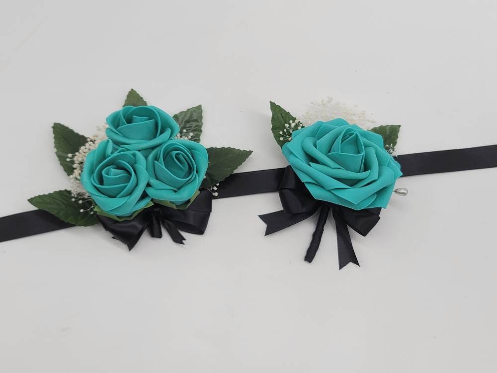 Teal And black Boutonnieres And Corsages, Available In 27 Colors, Corsages Available In Pin On And Wrist, Matching Bouquets Available