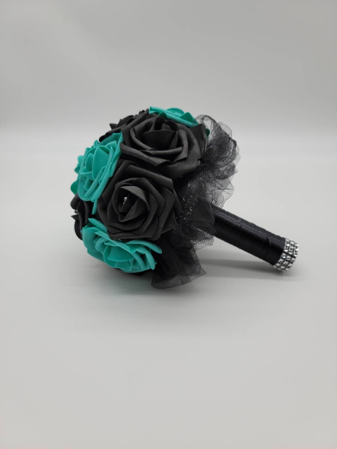 Teal And black Boutonnieres And Corsages, Available In 27 Colors, Corsages Available In Pin On And Wrist, Matching Bouquets Available