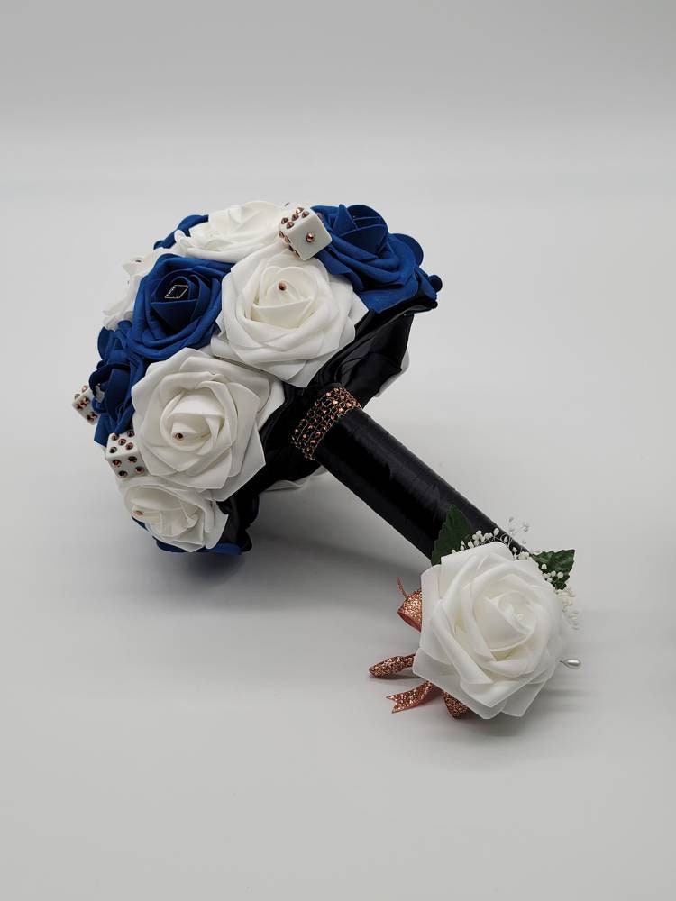 Vegas Themed Royal Blue and Black Boutonnieres and Corsages with Eucalyptus and Card Suites. Matching Bouquets, Destination Weddings