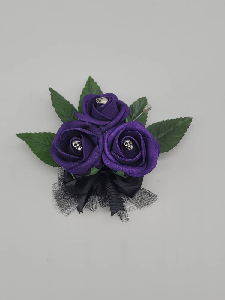 Gothic Skull Purple And Black Boutonnieres and Corsages Available In Pin On And Wrist, Matching Bouquets Available