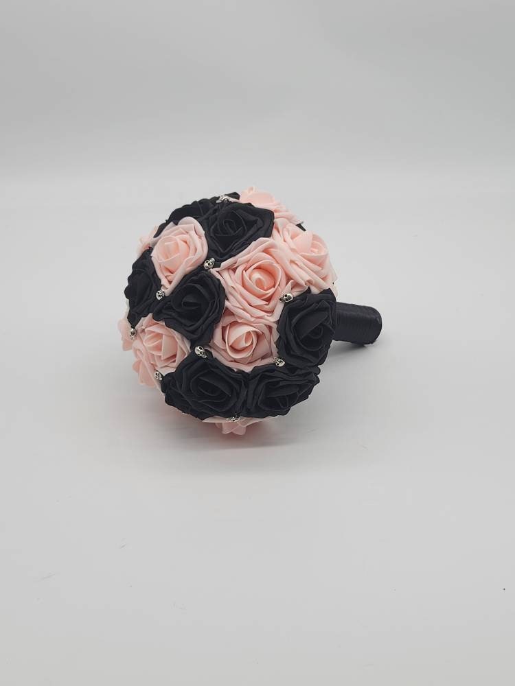 Gothic Black and Blush Skull Wedding Bouquet, Bridal Bouquet, Bridesmaid Bouquet, Matching Corsages and Boutonnieres, Halloween Wedding