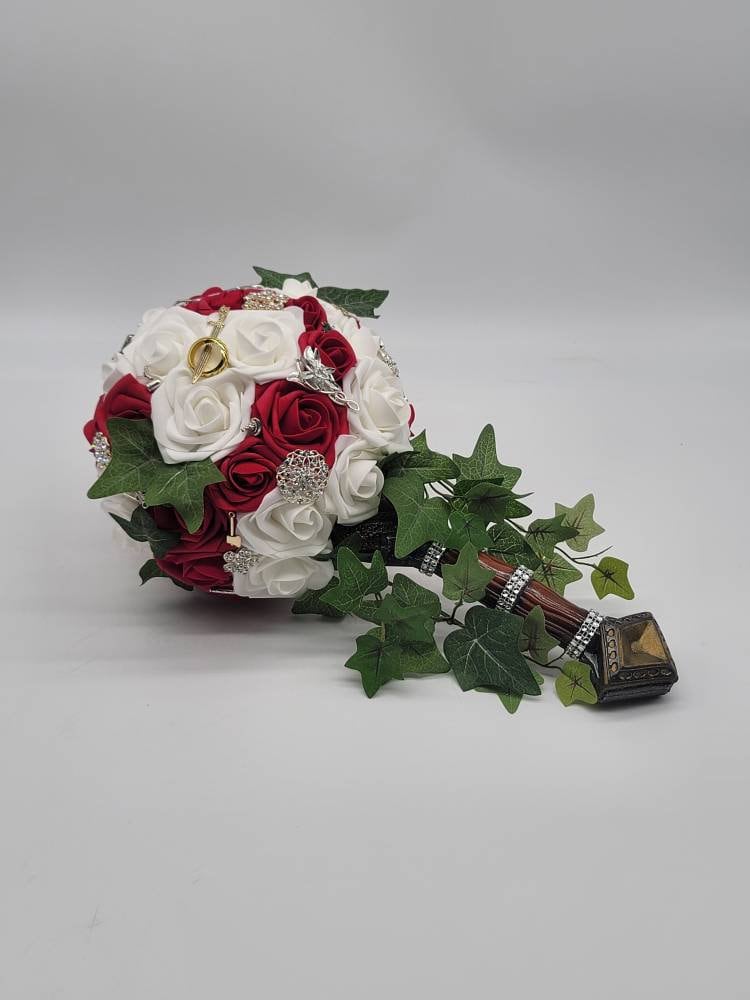 Sword Bridal Bouquet, Fantasy,Vikings, Red and White bouquet,Themed,Available in 27 Colors,Boutonnieres and Corsages Available