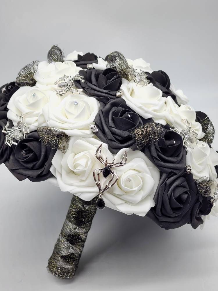 Black and White Spiderweb and Skull Bridal Bouquet,Available in 27 Colors,Halloween,Gothic, Boutonnieres and Corsages Available