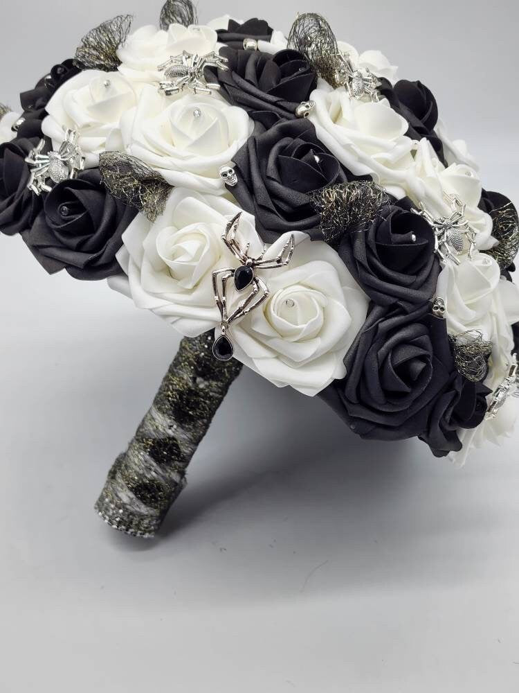 Black and White Spiderweb and Skull Bridal Bouquet,Available in 27 Colors,Halloween,Gothic, Boutonnieres and Corsages Available