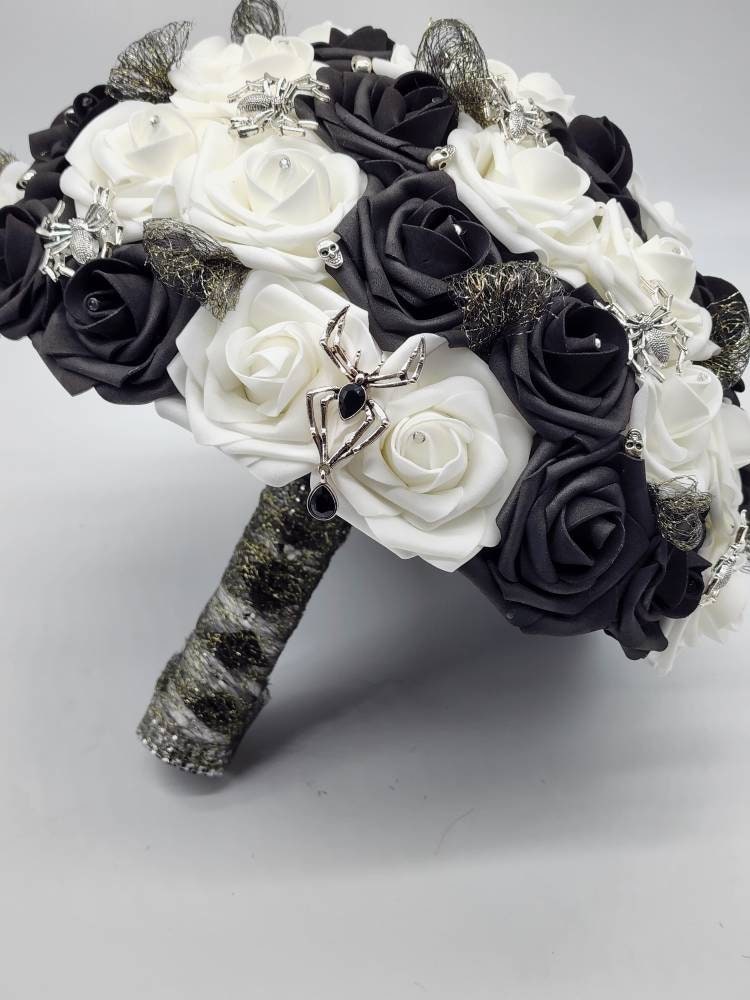 Dark purple and Black Spiderweb and Skull Bridal Bouquet,Available in 27 Colors,Halloween,Gothic, Boutonnieres and Corsages Available