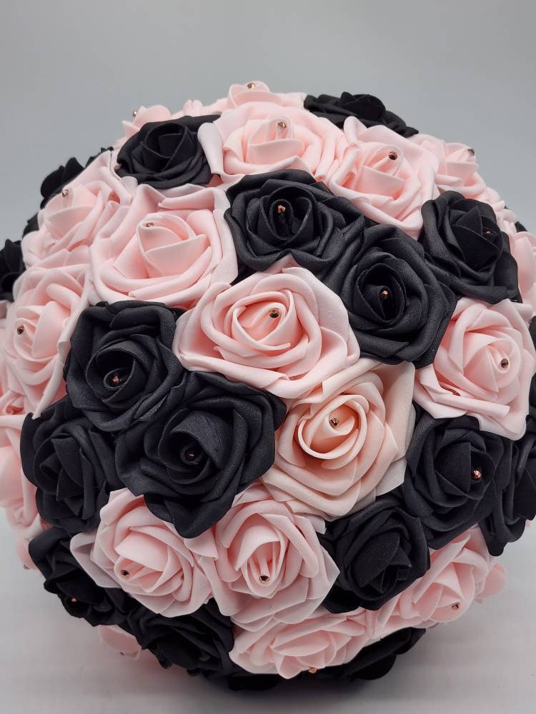 Blush Pink and Black Wedding Bouquet-Real Touch Roses-Modern Romantic Bridal-Gothic Elegant-Custom Colors-Matching Boutonnieres & Corsages