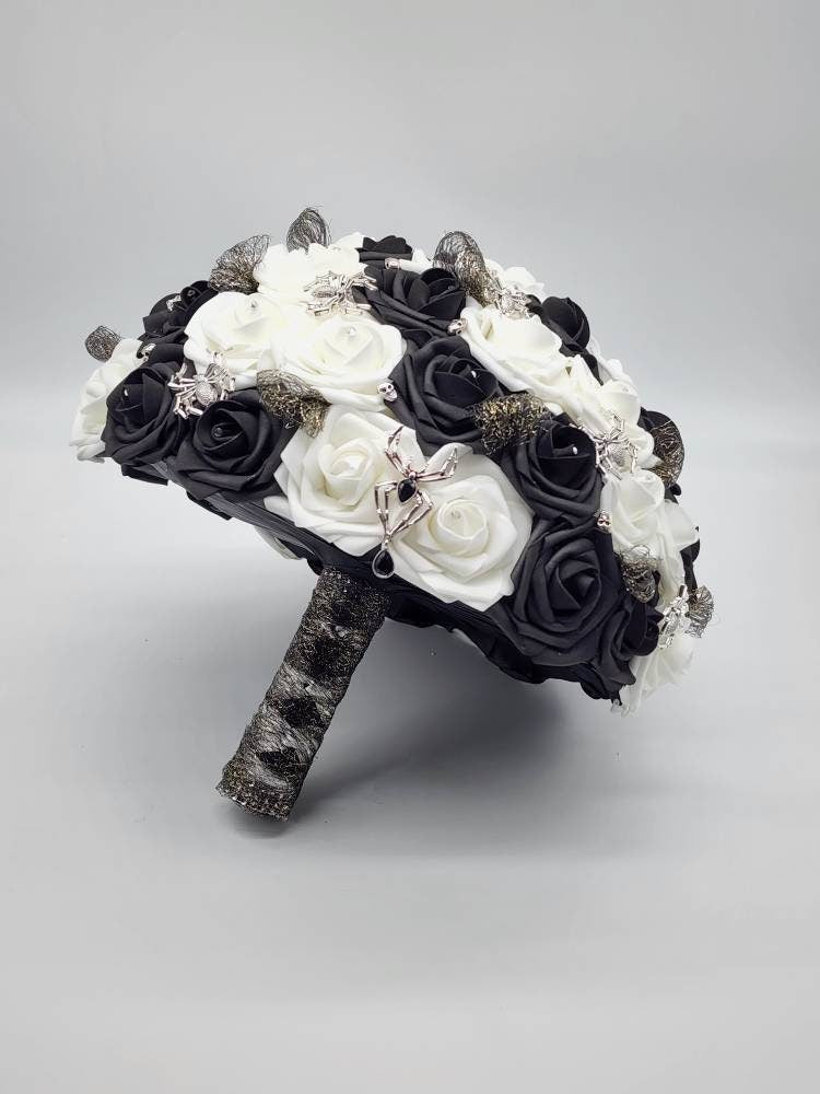Dark purple and Black Spiderweb and Skull Bridal Bouquet,Available in 27 Colors,Halloween,Gothic, Boutonnieres and Corsages Available