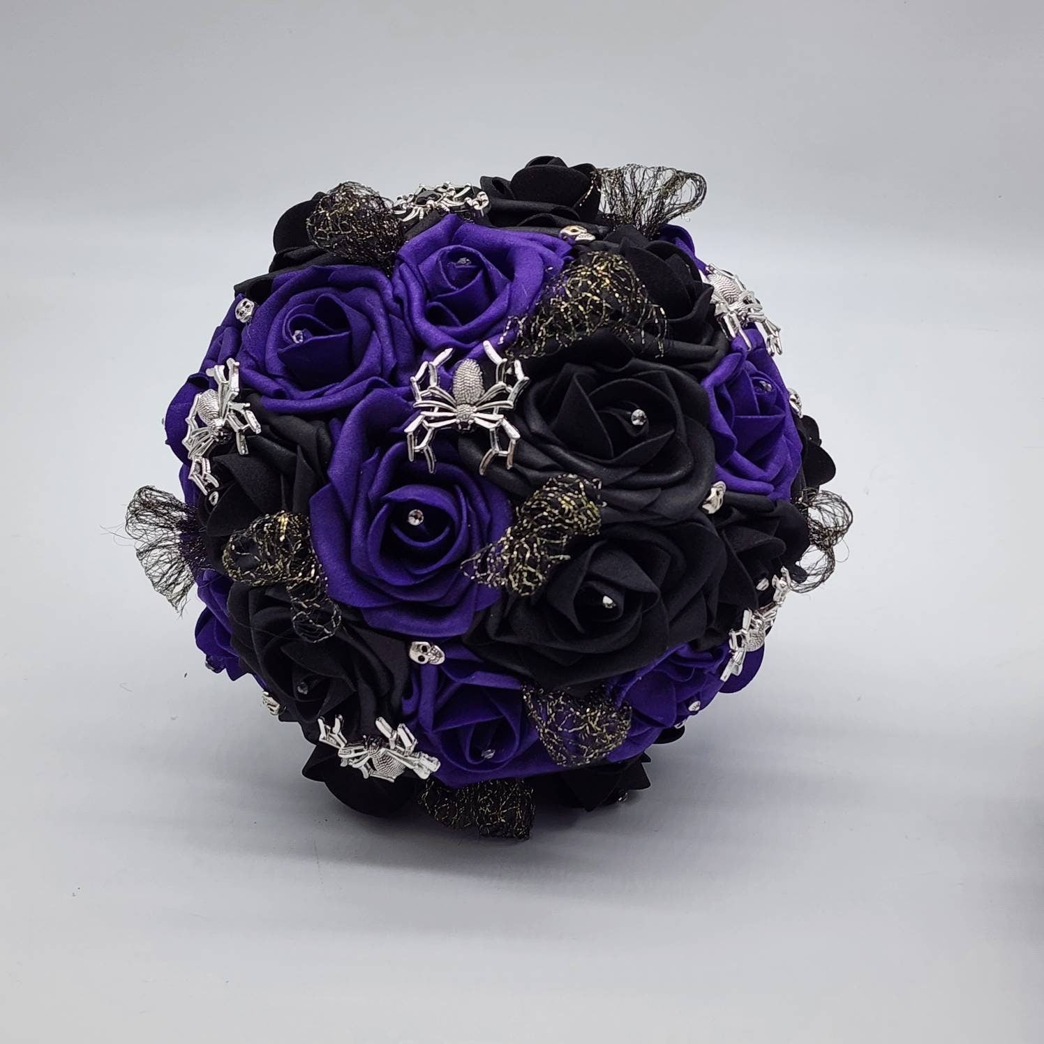 Dark purple and Black Spiderweb and Skull Bridal Bouquet,Available in 27 Colors,Halloween,Gothic, Boutonnieres and Corsages Available