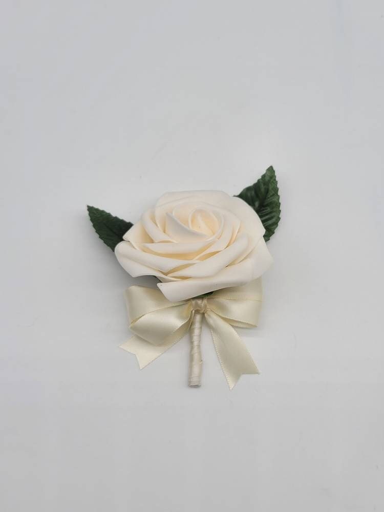 Cream Boutonnieres And Corsages, Available In 27 Colors, Corsages Available In Pin On And Wrist, Matching Bouquets Available