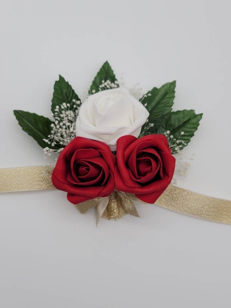 Red And White Boutonnieres And Corsages, Available In 27 Colors, Corsages Available In Pin On And Wrist, Matching Bouquets Available
