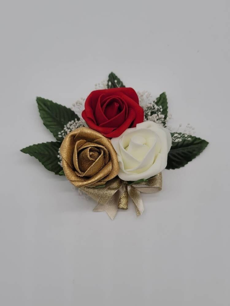 Red,Gold, and ivory Corsages And Boutonnieres,27 Colors Available, Corsages Available In Pin On And Wrist,Matching Bouquets Available
