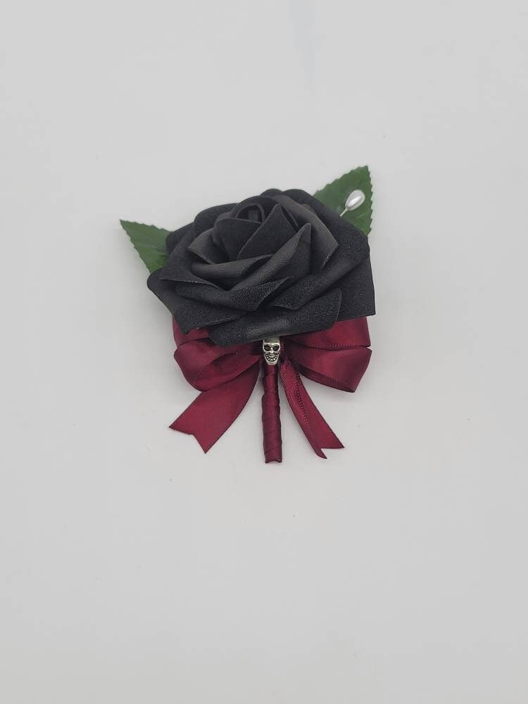 Gothic Skull Black and Burgundy Boutonnieres and Corsages, Gothic Wedding, Halloween, Matching Bouquets Available